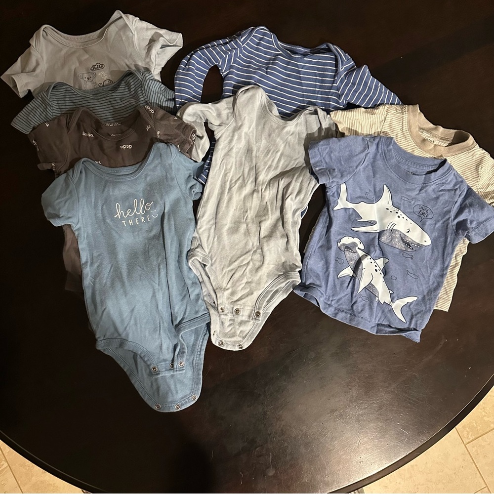 Carter's Blue and Gray SS and LS Onesies, plus 2 tees, Size 12M